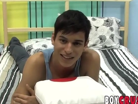 Cute twink is playing with his cock during an interview asian raceplay gay porn