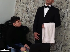 (simon best) rides his butler's (denny chris) hard dick until he unloads on his face - bromo asian joyful porn zany